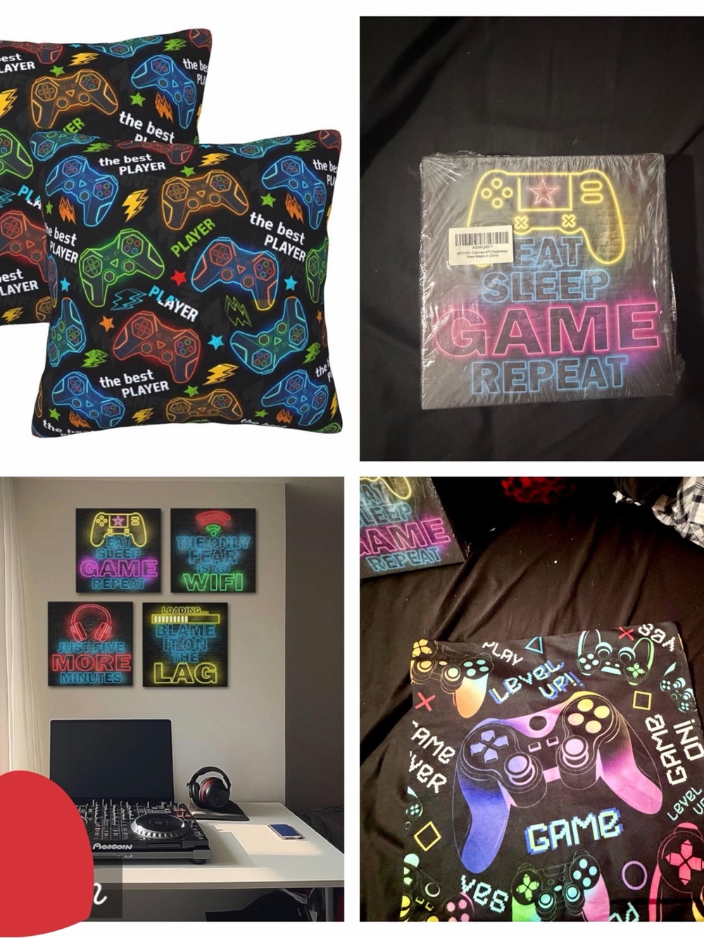 Gamer Neon Controller Pillow & Wall Art Set - Black with Multicolor Controllers